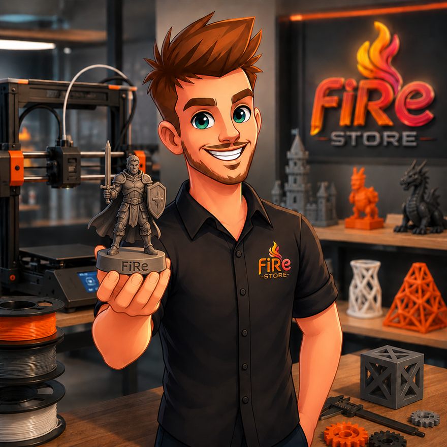 Mascote da fiRe Store sorrindo na oficina, segurando uma miniatura de cavaleiro impressa em 3D, com impressora 3D e peças impressas ao fundo